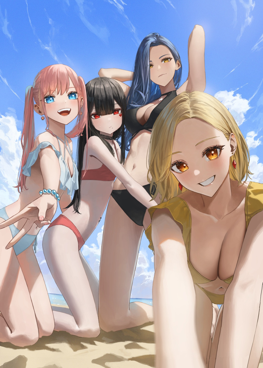 4girls beach bead_bracelet beads bikini black_hair blonde_hair blue_eyes blue_hair bracelet breasts cleavage collar collarbone commentary earrings enokawa_kokoro flat_chest frilled_bikini frills hara_kenshi highres jewelry kimishima_touka kunitomi_ryouka kuroba_mitsuha large_breasts long_hair looking_at_viewer medium_breasts multiple_girls navel off-shoulder_bikini off_shoulder original outdoors pink_hair reaching reaching_towards_viewer red_eyes sand short_hair sky smile swimsuit twintails v yellow_eyes