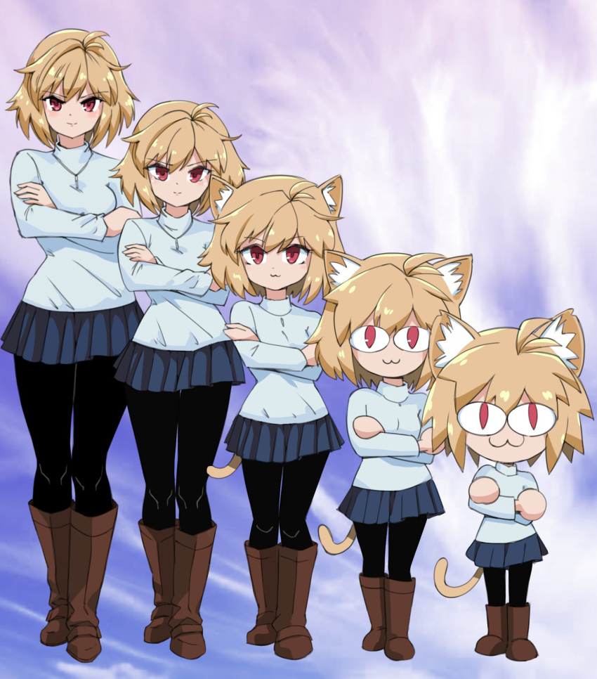 &lt;|&gt;_&lt;|&gt; :3 animal_ear_fluff animal_ears animorphs arcueid_brunestud australopitecoi blonde_hair boots brown_eyes brown_footwear cat_ears cat_girl cat_tail crossed_arms highres jewelry melty_blood necklace neco-arc pantyhose parody pleated_skirt short_hair skirt smile tail transformation tsukihime tsukihime_(remake) turtleneck