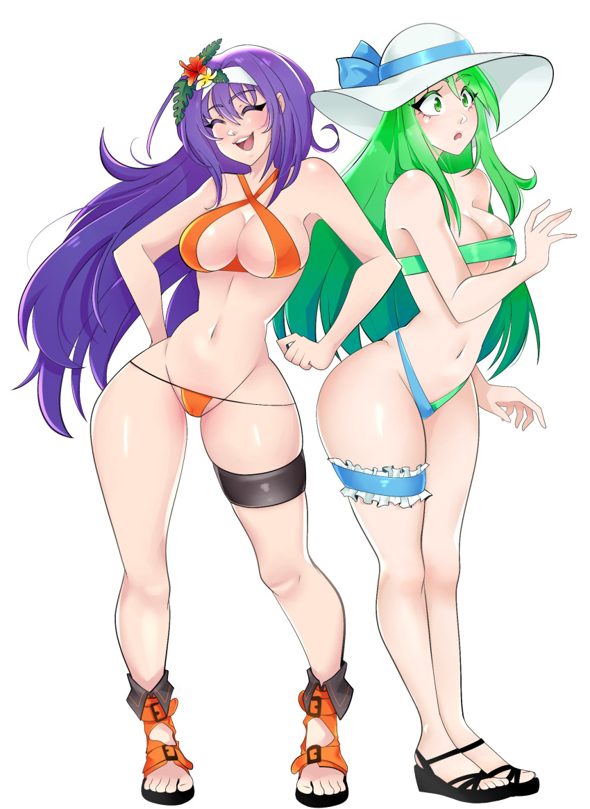 2girls absurdres alternate_costume armpit_crease bikini blue_bikini breasts cleavage commentary fire_emblem fire_emblem:_path_of_radiance fire_emblem:_radiant_dawn green_bikini green_eyes green_hair hat highres kyhsoren large_breasts legs_apart legs_together long_hair mia_(fire_emblem) mia_(summer)_(fire_emblem) multiple_girls navel nephenee_(fire_emblem) orange_bikini purple_hair revealing_clothes sandals simple_background smile standing sun_hat surprised swimsuit teeth thigh_strap thong thong_bikini two-tone_bikini underboob upper_teeth_only white_background