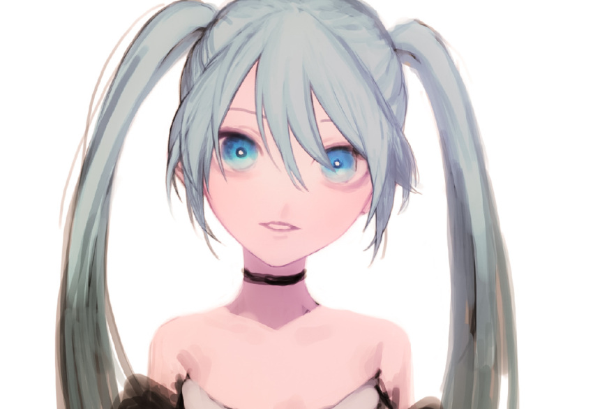 1girl 9ibem black_choker blue_eyes blue_hair bright_pupils choker commentary costume_request hair_between_eyes hatsune_miku long_hair looking_at_viewer parted_lips sleeveless solo strapless twintails vocaloid white_background