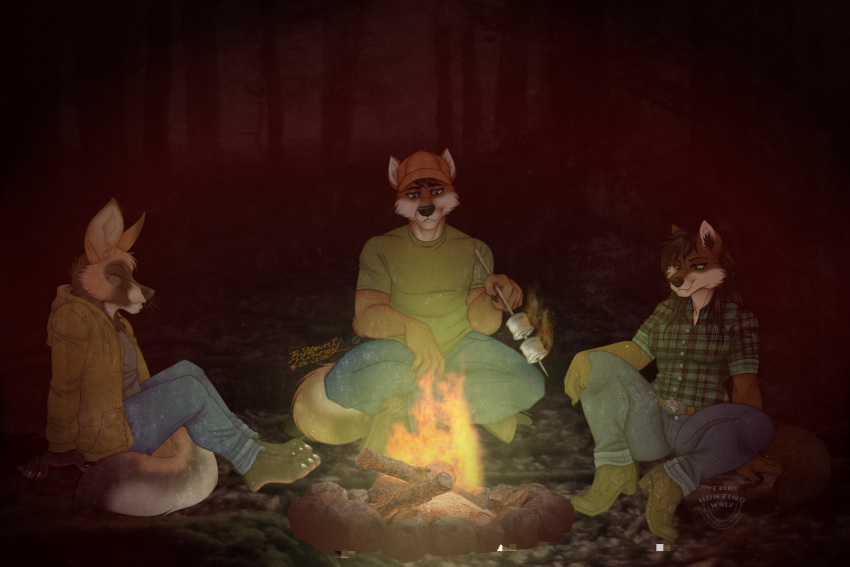 absurd_res anthro arwin baxter_(disambiguation) boots camp campfire camping campy canid canine canis clothing country cowboy cowgirl_(disambiguation) dark female fire footwear fox friends group hi_res humanoid lupus male mammal night smores thehuntingwolf trio western wina wolf