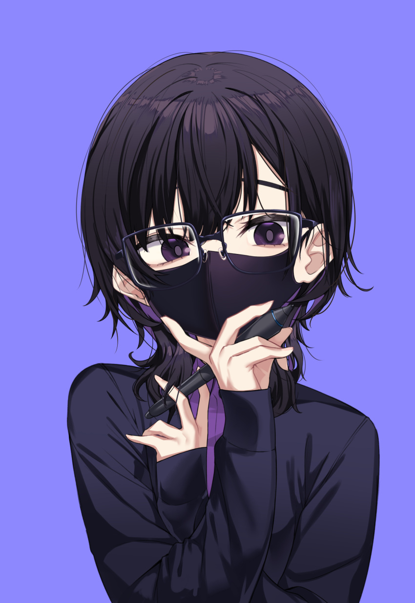 1girl absurdres black-framed_eyewear black_hair black_jacket blue_background collared_shirt dress_shirt glasses hair_between_eyes hands_up highres holding holding_stylus ivan_wang jacket long_sleeves looking_at_viewer mask mouth_mask open_clothes open_jacket original purple_eyes purple_shirt shirt simple_background sleeves_past_wrists solo stylus