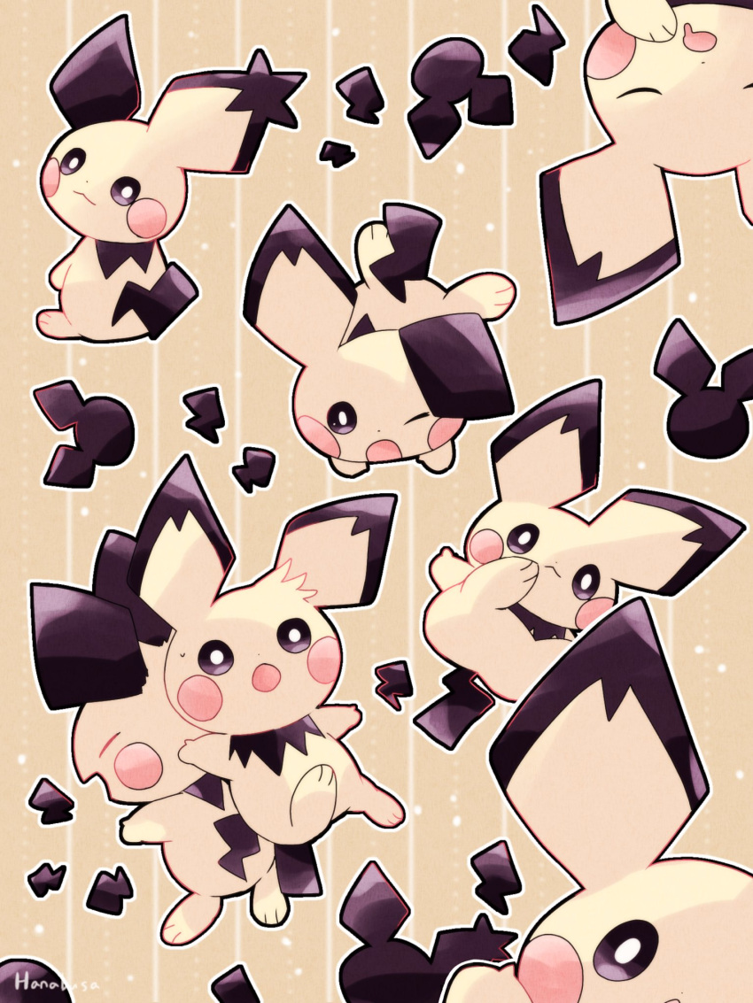 &gt;_&lt; :o animal_focus closed_eyes colored_skin commentary_request drooling hanabusaoekaki highres looking_back multiple_views no_humans one_eye_closed open_mouth pichu pokemon pokemon_(creature) sitting solid_oval_eyes tail upside-down yellow_background yellow_skin