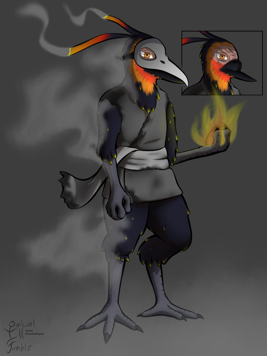 3:4 absurd_res anthro avian bird bottomless burn_scar chest_tuft clothed clothing corvid digital_media_(artwork) feathers fire hi_res illogicaljumble keikogi male martial_arts_uniform mask orange_body orange_eyes orange_feathers oscine passerine scar simple_background smoke solo sportswear talon_hands talons tuft