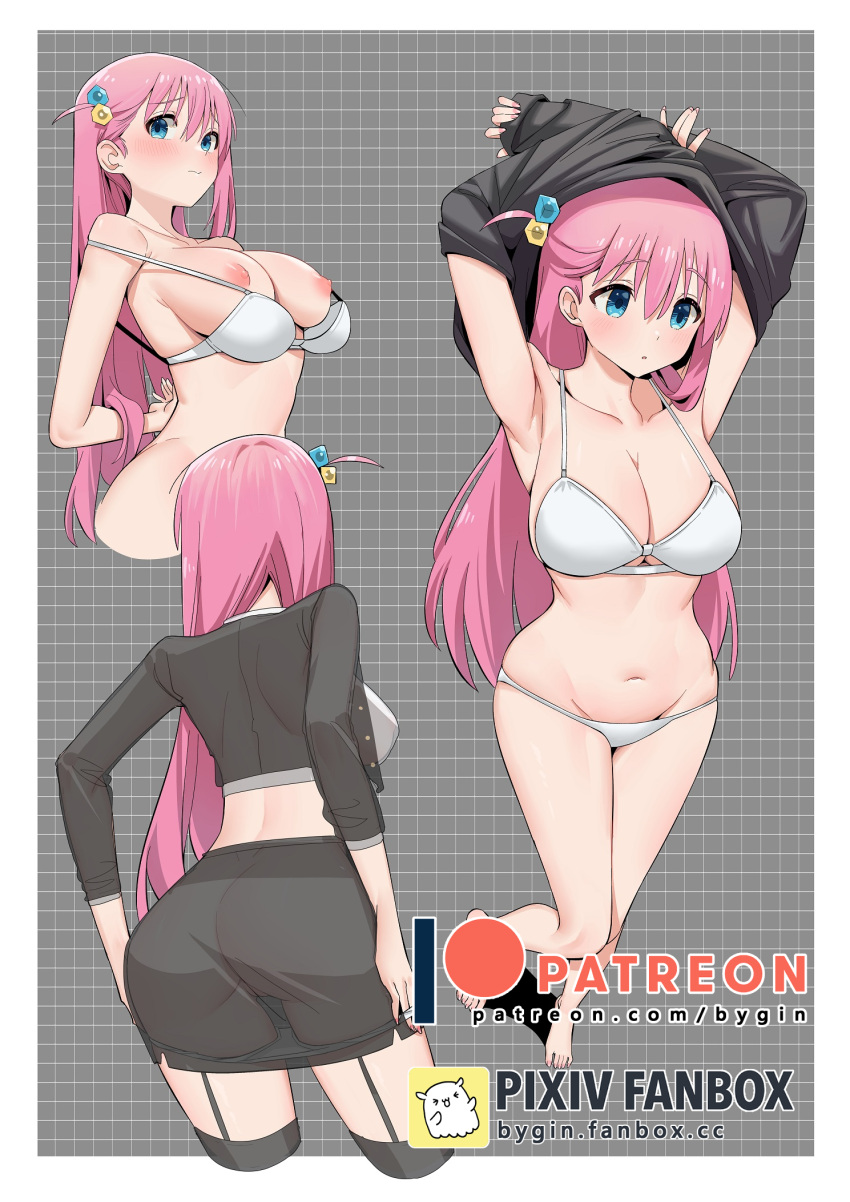 1girl bad_anatomy bad_perspective barefoot bikini black_shirt blue_eyes blush bocchi_the_rock! breasts chen_yang_yang cleavage closed_mouth collarbone cube_hair_ornament gotoh_hitori hair_between_eyes hair_ornament highres large_breasts long_hair multiple_views nipples one_side_up pink_hair pussy shirt swimsuit undressing white_bikini