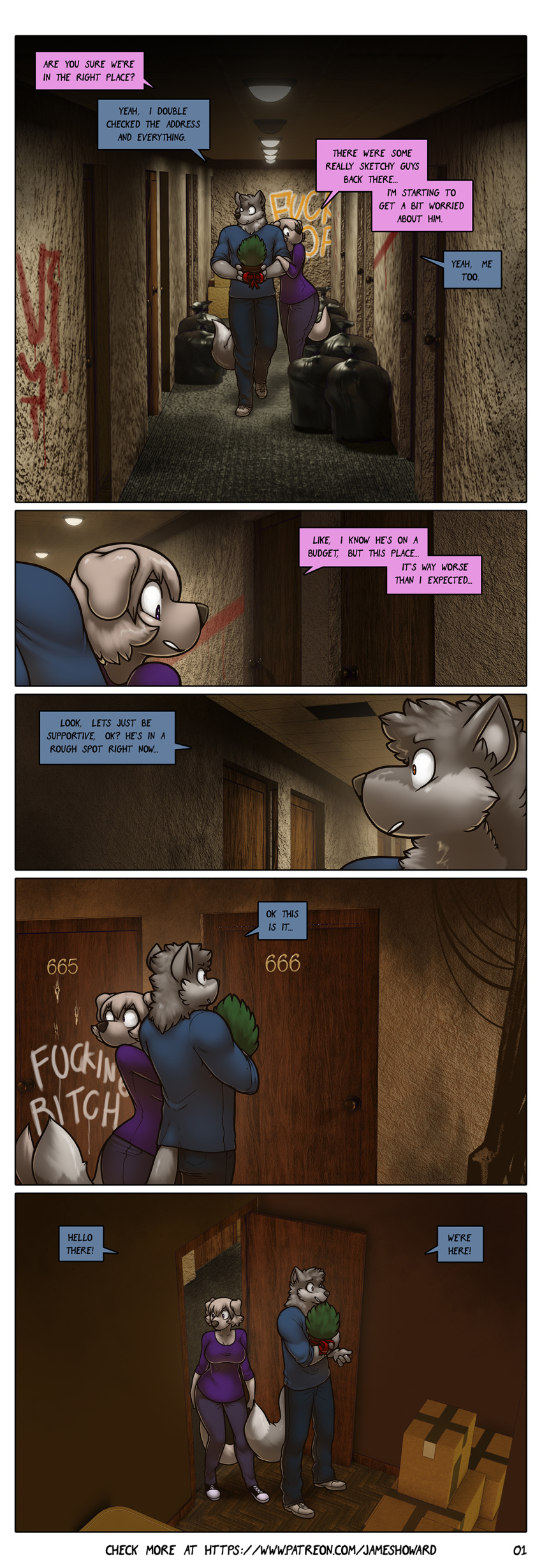 absurd_res anthro canid canine canis comic dialogue domestic_dog duo female hi_res james_howard jill_(james_howard) male mammal patreon richard_(james_howard) wolf