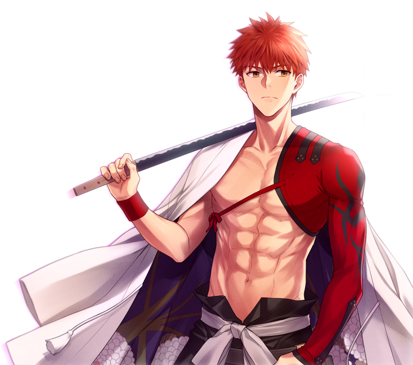 1boy abs black_pants chimachi closed_mouth clothing_request emiya_shirou fate/grand_order fate_(series) hand_up highres holding holding_sword holding_weapon igote looking_at_viewer male_focus navel orange_hair over_shoulder pants senji_muramasa_(fate) short_hair solo sword weapon weapon_over_shoulder white_background yellow_eyes