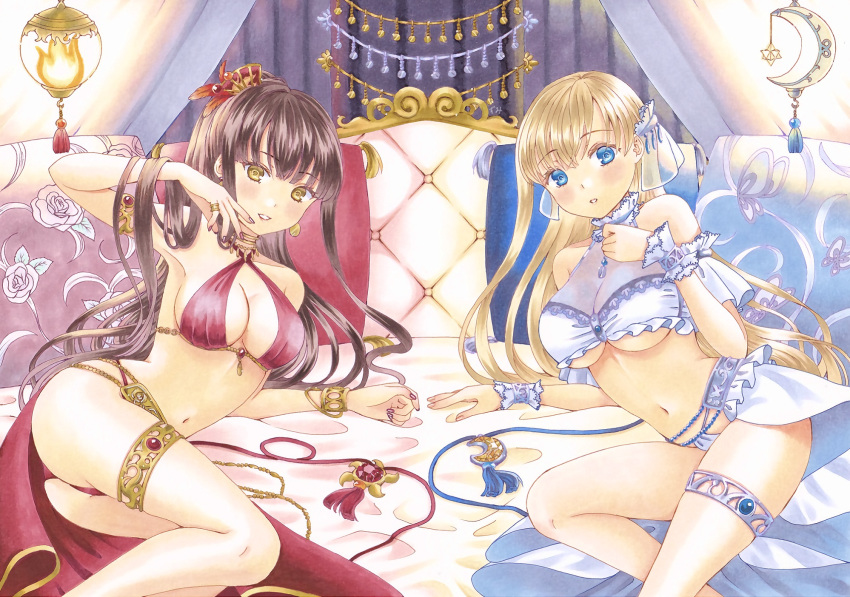 1girl 2girls arabian_clothes armlet bed bikini blonde_hair blue_eyes breasts commentary crescent criss-cross_halter earrings frilled_bikini frilled_cuffs frills hair_ornament halterneck hand_in_own_hair highres jewelry large_breasts long_hair looking_at_viewer lying marker_(medium) medium_breasts multiple_girls on_bed on_side original osumi_izumi parted_lips red_bikini ring smile sun_ornament swimsuit take_your_pick thighlet traditional_media white_bikini yellow_eyes