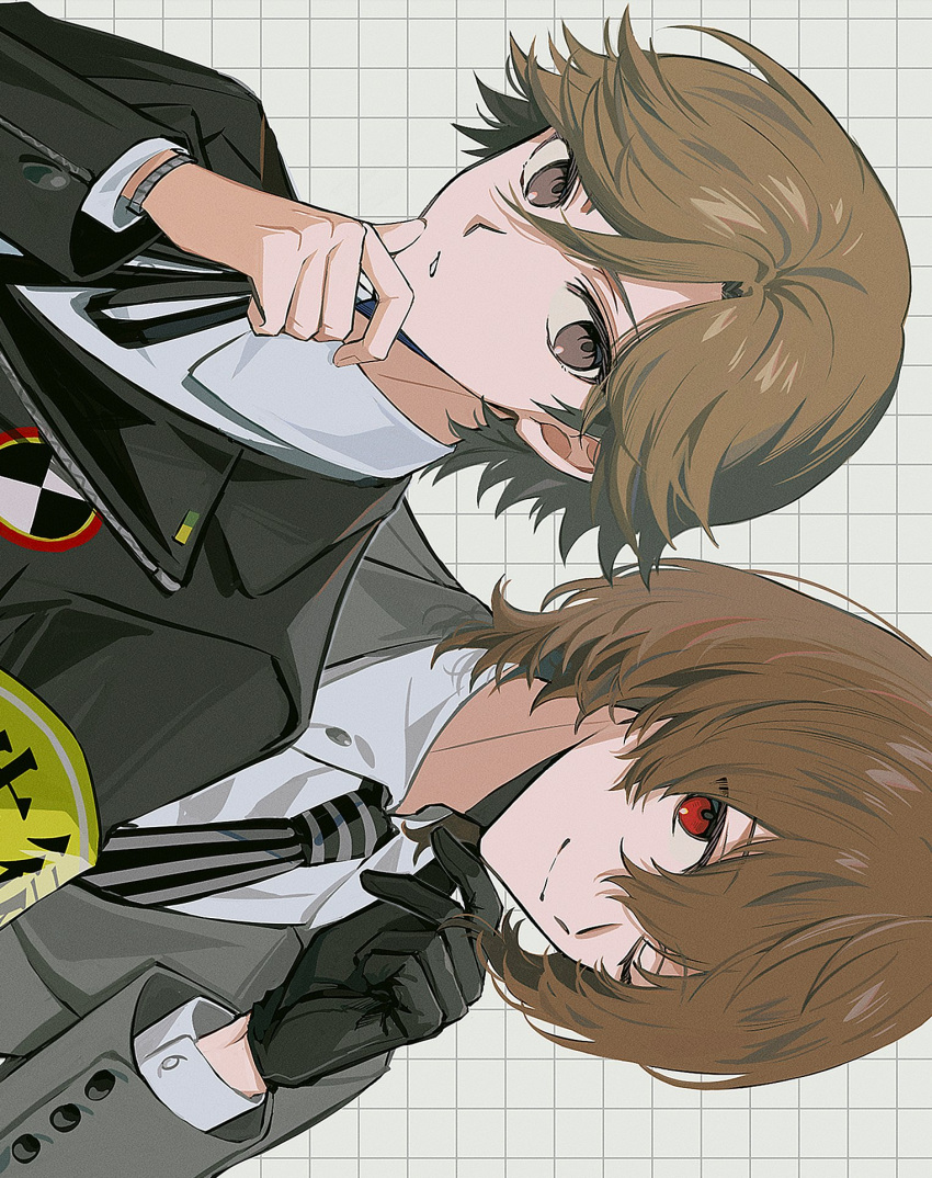 2boys aged_up akechi_gorou amada_ken armband black_gloves black_jacket black_ribbon brown_eyes brown_hair collared_shirt gekkoukan_high_school_uniform gloves grey_jacket highres jacket long_sleeves looking_at_viewer male_focus multiple_boys neck_ribbon necktie one_eye_closed persona persona_3 persona_4:_the_ultimate_in_mayonaka_arena persona_4:_the_ultimax_ultra_suplex_hold persona_5 pswlv05 red_eyes ribbon school_uniform shirt sideways white_shirt