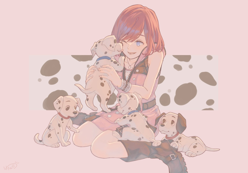 101_dalmatians 1girl animal bare_shoulders blue_collar blue_eyes boots collar dalmatian dalmatian_print dog dress full_body highres holding holding_animal holding_dog hood hood_down hooded_dress jewelry kairi_(kingdom_hearts) kingdom_hearts kingdom_hearts_iii kneeling licking licking_another's_face necklace one_eye_closed open_mouth pink_background pink_dress puppy red_collar red_hair short_hair sleeveless sleeveless_dress smile twilight_yuuhi wristband