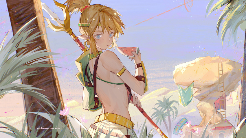 1boy absurdres akihare arm_guards armlet artist_name blonde_hair blue_eyes collar commentary day detached_sleeves earrings eating food fruit hand_up headband high_ponytail highres holding holding_food holding_polearm holding_trident holding_weapon hoop_earrings house jewelry ladder link mountainous_horizon no_shirt outdoors palm_tree pointy_ears polearm ponytail sidelocks single_sleeve sky solo symbol-only_commentary tent the_legend_of_zelda the_legend_of_zelda:_breath_of_the_wild tree trident upper_body watermelon watermelon_slice weapon