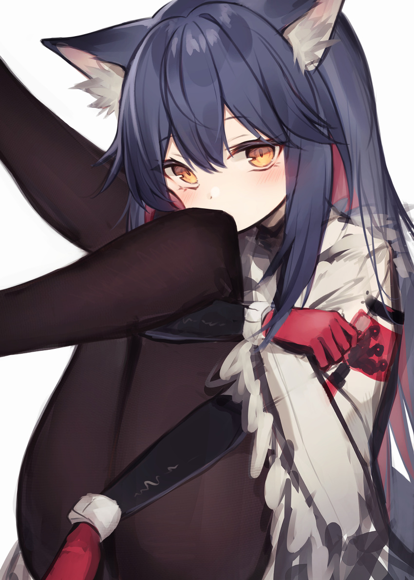 1girl absurdres animal_ear_fluff arknights black_hair black_pantyhose blush brown_eyes diieru feet_out_of_frame fur-trimmed_sleeves fur_trim gloves highres legs_up long_sleeves looking_at_viewer official_alternate_costume pantyhose red_gloves simple_background solo texas_(arknights) texas_(winter_messenger)_(arknights) thighs white_background wide_sleeves