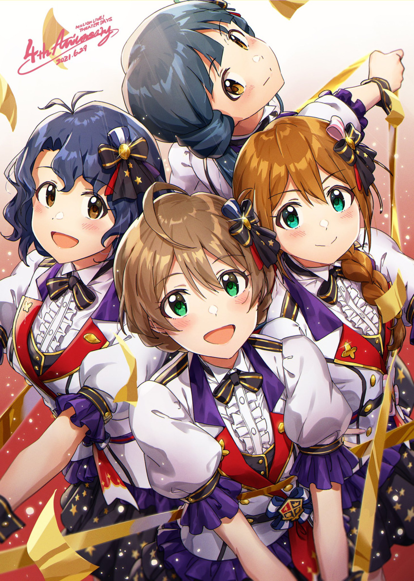 4girls 4luxury_(idolmaster) ahoge anniversary antenna_hair ayano_yuu_(sonma_1426) baba_konomi black_bow black_bowtie black_ribbon black_skirt black_wrist_cuffs blue_hair blush bow bowtie braid breasts brown_eyes brown_hair closed_mouth confetti dated dot_nose frilled_jacket frilled_shirt frills from_above green_eyes hair_between_eyes hair_over_shoulder hair_ribbon hand_on_own_hip highres holding idolmaster idolmaster_million_live! idolmaster_million_live!_theater_days jacket kitakami_reika large_breasts light_brown_hair long_hair looking_at_viewer looking_up low_twintails medium_breasts multiple_girls open_mouth print_skirt puffy_short_sleeves puffy_sleeves ribbon sakuramori_kaori shirt short_hair short_sleeves single_braid skirt small_breasts smile star_(symbol) star_print striped striped_bow striped_bowtie toyokawa_fuka twintails very_long_hair white_jacket white_shirt