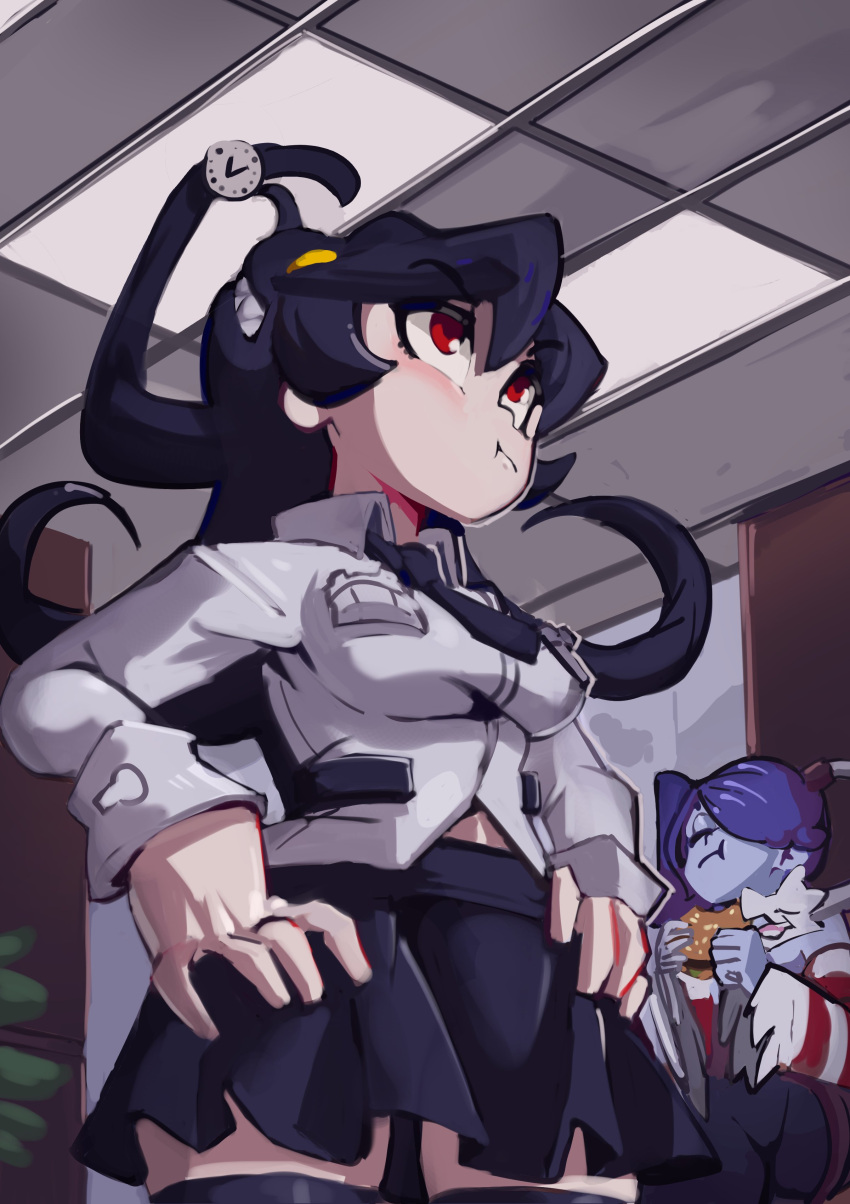 2girls :t absurdres black_hair black_skirt blue_skin breast_pocket burger ceiling ceiling_light closed_eyes colored_skin cowboy_shot eating filia_(skullgirls) food hair_over_one_eye hands_on_own_hips highres indoors leviathan_(skullgirls) long_sleeves midriff_peek moxydraws multiple_girls necktie pocket pout prehensile_hair purple_hair red_eyes samson_(skullgirls) skirt skullgirls squigly_(skullgirls) thighhighs watch wristwatch zettai_ryouiki