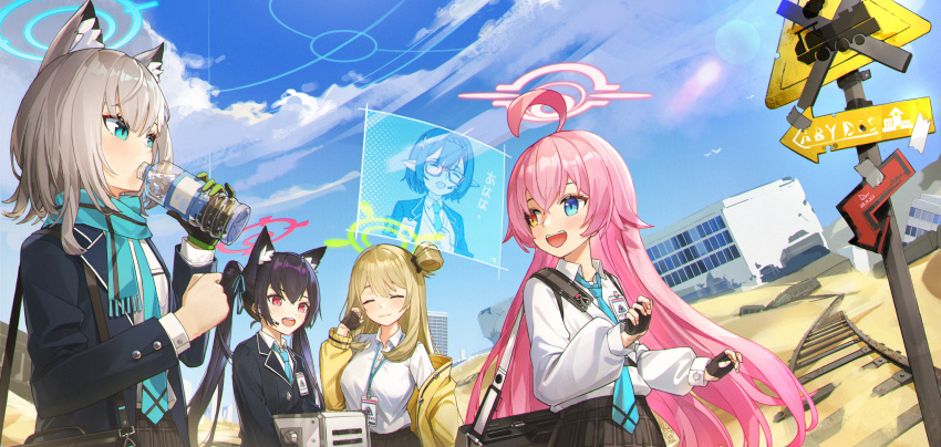 5girls :d absurdres animal_ear_fluff animal_ears ayane_(blue_archive) bag black_gloves black_hair black_skirt blazer blue_archive blue_eyes blue_necktie blue_scarf blue_sky bottle bow box building carrying cat_ears cat_girl cloud cloudy_sky collared_shirt commentary_request cross_hair_ornament dor_m drinking fingerless_gloves glasses gloves greyscale hair_between_eyes hair_bow hair_bun hair_ornament hair_ribbon halo headset heterochromia highres holding holding_bottle holographic_interface horizon hoshino_(blue_archive) id_card jacket lanyard long_hair looking_at_another low_twintails medium_hair mismatched_pupils monochrome multiple_girls necktie nonomi_(blue_archive) one_side_up outdoors pink_hair plaid plaid_skirt plastic_bottle pleated_skirt pointy_ears railroad_tracks red_eyes ribbon road_sign scarf school_bag school_uniform serika_(blue_archive) shiroko_(blue_archive) shirt shoulder_bag sidelocks sign single_glove single_side_bun skirt sky skyline skyscraper smile twintails two-tone_gloves video_call white_shirt wolf_ears wolf_girl