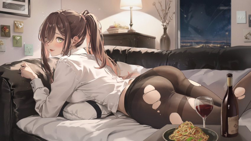 1girl ass black_panties bottle breasts brown_hair collared_shirt commentary_request couch cup dangle_earrings desk_lamp dress_shirt drinking_glass earrings feet_out_of_frame food from_side fruit_bowl green_eyes hair_ornament hair_over_one_eye hair_scrunchie highres indie_virtual_youtuber indoors jewelry junkichi_gbf lace-trimmed_panties lace_trim lamp large_breasts long_hair long_sleeves looking_at_viewer looking_to_the_side lying miori_celesta musical_note musical_note_hair_ornament no_pants noodles on_couch on_stomach one_eye_covered panties panties_under_pantyhose pantyhose parted_lips pillow plate ponytail red_wine scrunchie shirt solo thighband_pantyhose torn_clothes torn_pantyhose treble_clef underwear vase virtual_youtuber white_shirt window wine_bottle wine_glass