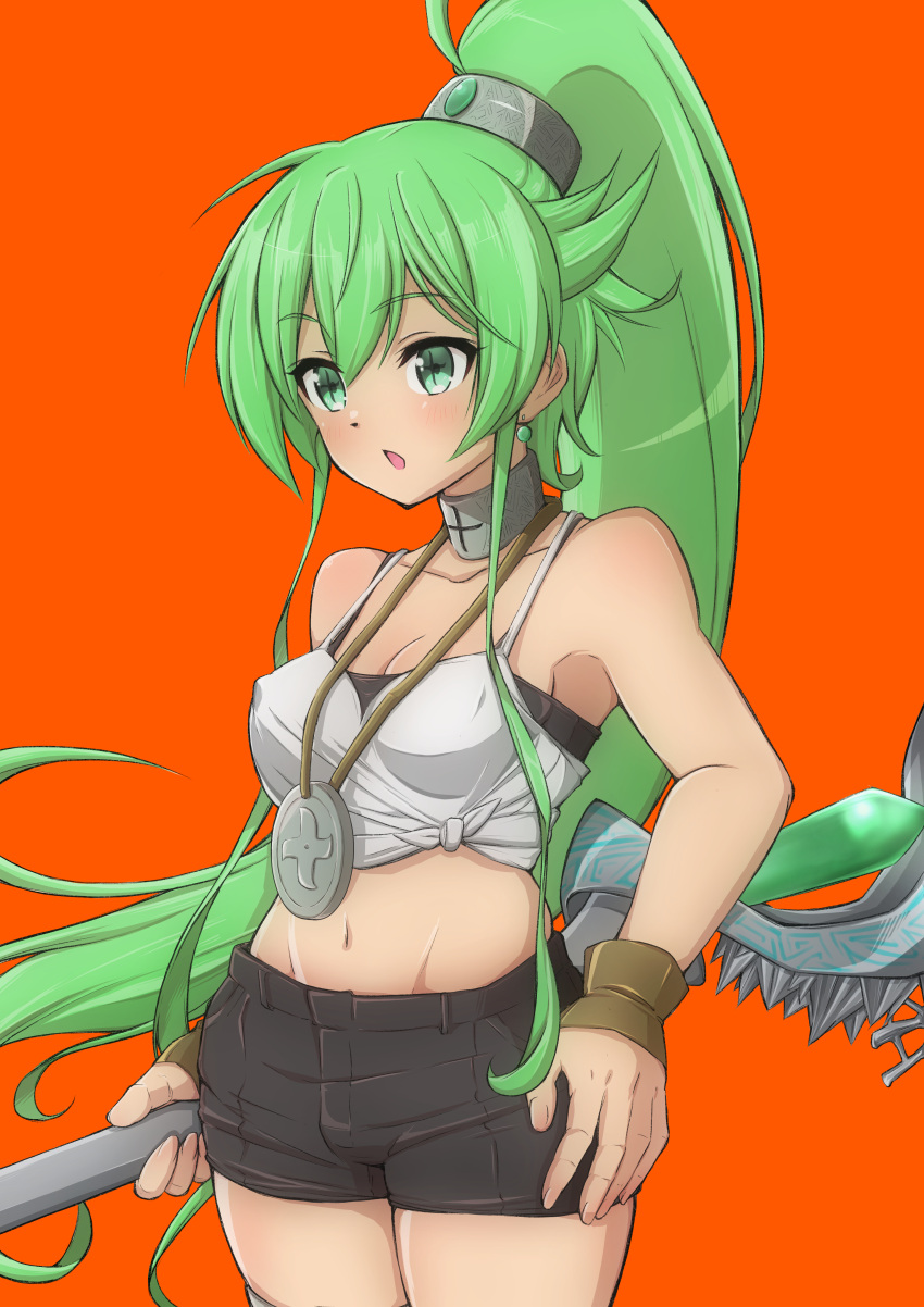 1girl absurdres black_shorts bracelet breasts camisole cleavage collar commentary_request covered_nipples cowboy_shot duel_monster green_eyes green_hair groin high_ponytail highres holding holding_staff jewelry long_hair medium_breasts midriff navel pendant short_shorts shorts solo spaghetti_strap staff very_long_hair white_camisole winda_(yu-gi-oh!) winda_4n96 winda_priestess_of_gusto yu-gi-oh!