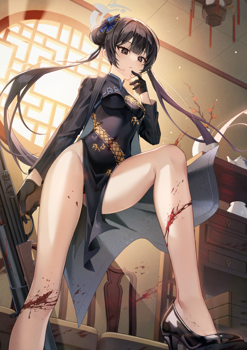1girl black_dress black_eyes black_gloves black_hair black_jacket blood blood_on_leg blue_archive breasts butterfly_hair_ornament chair china_dress chinese_clothes closed_mouth covered_navel double_bun dress floating_hair gloves groin gun hair_bun hair_ornament halo hand_up highres holding holding_gun holding_weapon indoors jacket kisaki_(blue_archive) knee_up legs long_hair looking_down panties panty_peek pelvic_curtain pine_(angel4195202) rifle small_breasts solo thighs twintails underwear weapon window