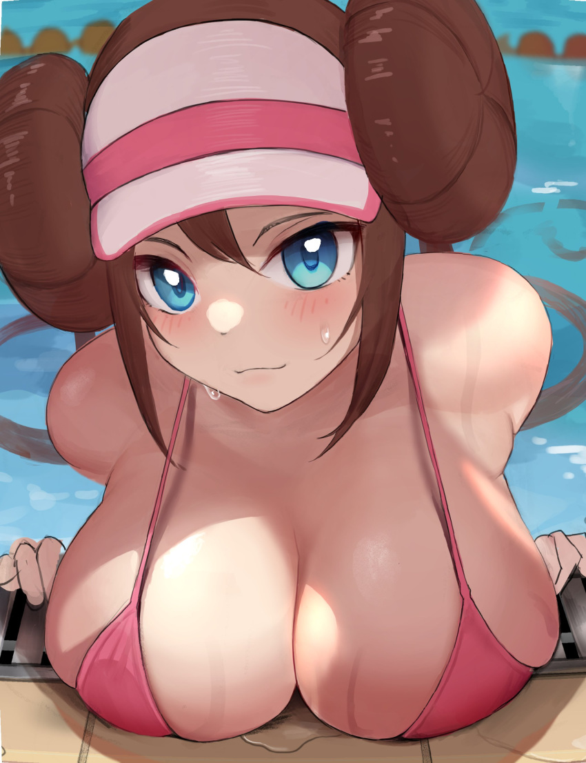 1girl absurdres bikini blue_eyes blush breast_rest breasts brown_hair cleavage closed_mouth commentary covered_nipples day double_bun gatchan hair_bun highres large_breasts long_hair looking_at_viewer outdoors pink_bikini pink_headwear pokemon pokemon_bw2 pool revision rosa_(pokemon) sidelocks solo strap_gap swimsuit upper_body very_long_hair visor_cap water water_drop wet wet_hair