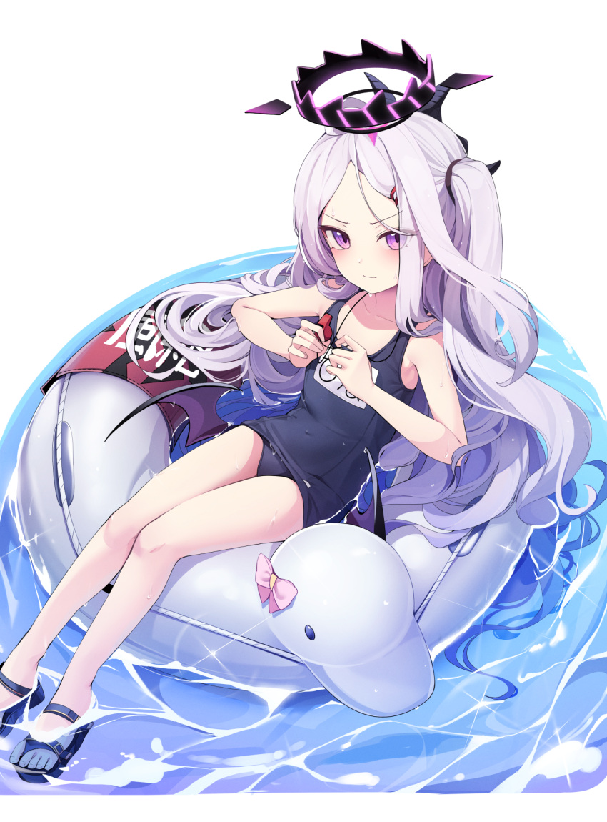 1girl blue_archive blue_one-piece_swimsuit blush ddangbi hair_ornament hairclip halo highres hina_(blue_archive) hina_(swimsuit)_(blue_archive) horns innertube long_hair looking_at_viewer lying old_school_swimsuit on_back one-piece_swimsuit one_side_up purple_eyes purple_hair sandals school_swimsuit solo swimsuit water whistle whistle_around_neck wings