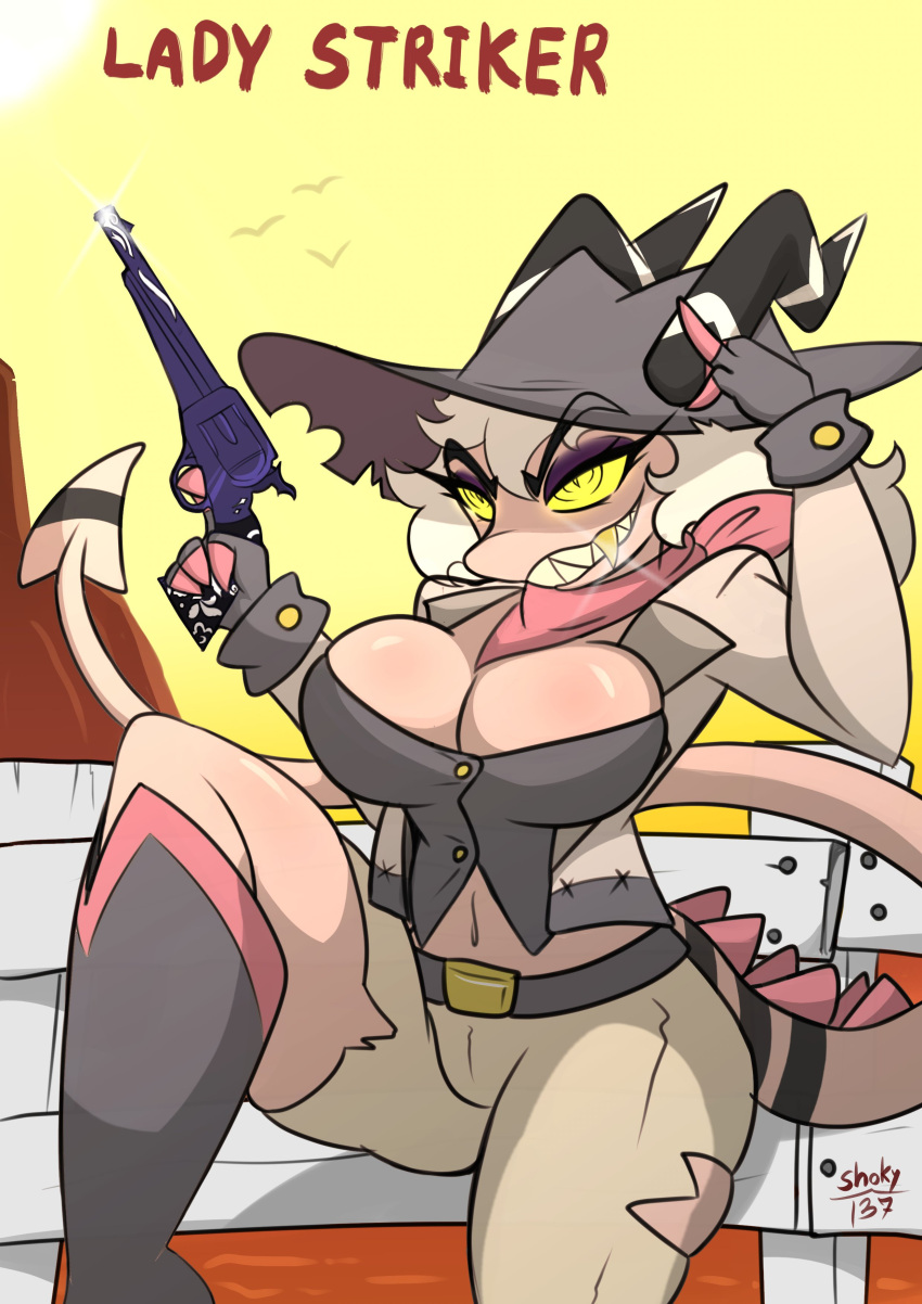 absurd_res anthro blonde_hair breasts claws clothed clothing crossgender demon fangs female gun hair hat headgear headwear helluva_boss hi_res holding_object holding_weapon horn imp nipple_outline open_mouth open_smile ranged_weapon shokyshoky5 smile solo striker_(helluva_boss) teeth thick_thighs weapon white_hair yellow_eyes