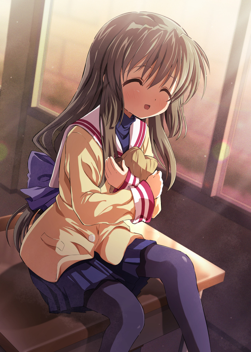 1girl :d ^_^ absurdres artina black_pantyhose blue_skirt blush bow brown_hair clannad classroom closed_eyes commentary_request commission crossed_arms desk facing_viewer feet_out_of_frame hair_between_eyes hair_bow happy highres hikarizaka_private_high_school_uniform holding holding_star ibuki_fuuko indoors jacket long_hair long_sleeves low-tied_long_hair miniskirt open_mouth pantyhose pleated_skirt purple_bow sailor_collar school_desk school_uniform serafuku sidelighting sidelocks sitting skeb_commission skirt smile solo star_(symbol) starfish sunlight tareme variant_set very_long_hair white_sailor_collar window yellow_jacket