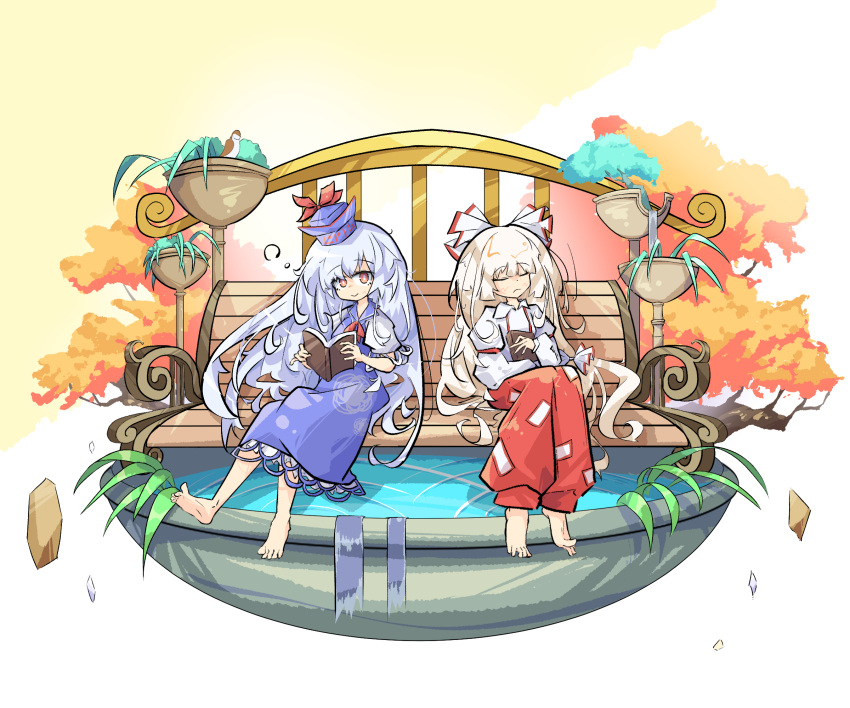 2girls barefoot bird book closed_eyes dress frilled_dress frills fujiwara_no_mokou highres holding holding_book kamishirasawa_keine light_frown multiple_girls orange_tree pants plant pond potted_plant primsla purple_dress reading red_pants sitting_on_bench smile sparrow touhou wooden_bench