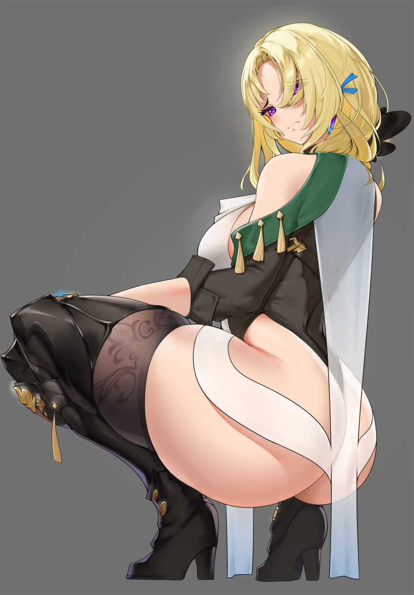 1girl absurdres anji_lanuo ass bare_shoulders black_footwear black_leotard blonde_hair blush boots breasts closed_mouth cocolia_rand from_side full_body grey_background hair_ornament heart heart-shaped_pupils high_heels highres honkai:_star_rail honkai_(series) large_breasts leotard long_sleeves purple_eyes simple_background skindentation solo symbol-shaped_pupils thick_thighs thigh_boots thighhighs thighhighs_under_boots thighs