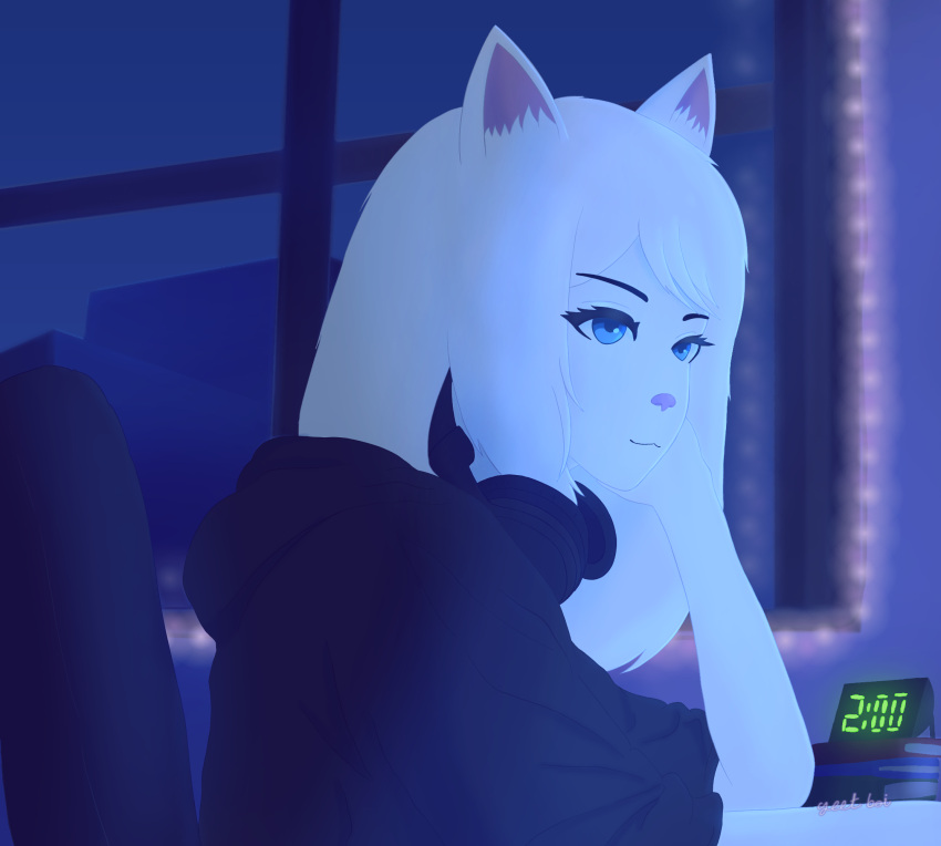 alarm_clock anthro blue_eyes clock clothing dakota_(yeetboi420z) detailed_background domestic_cat felid feline felis fur hair headphones hi_res hoodie male mammal night solo string_lights topwear white_body white_fur white_hair yeetboi420z