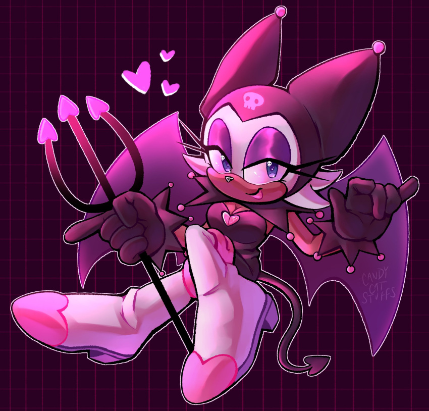 &lt;3 2022 5_fingers anthro bat boots breasts brown_body brown_skin candycatstuffs cleavage clothed clothing cosplay crossover crossover_cosplay eyeshadow female fingers footwear fur gloves handwear hi_res kuromi lipstick makeup mammal membrane_(anatomy) membranous_wings onegai_my_melody rouge_the_bat sanrio sega signature solo sonic_the_hedgehog_(series) white_body white_fur wings