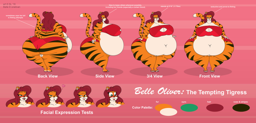 2019 anthro belle_oliver belly big_belly big_breasts big_butt bottomwear breasts butt clothing color_swatch deep_navel digital_media_(artwork) english_text facial_expressions felid female footwear front_view fur green_eyes hair hi_res huge_breasts huge_butt huge_thighs mammal model_sheet navel obese obese_anthro obese_female overweight overweight_anthro overweight_female pantherine rear_view red_hair sandals satsumalord side_view solo striped_body striped_fur stripes text thick_thighs three-quarter_view tiger topwear