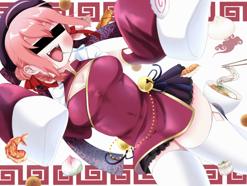 1girl :3 ahoge alternate_costume aruko_okara baozi bar_censor bell beret black_skirt blush braid breasts censored china_dress chinese_clothes chinese_food cleavage cleavage_cutout clothing_cutout commentary_request covered_eyes covered_navel detached_sleeves double_bun dress drooling dumpling dutch_angle floating_hair food food_request foot_out_of_frame frills gathers hair_bun hat highres identity_censor jiaozi jingle_bell large_breasts longevity_peach_bun meandros medium_hair miniskirt miwa_(misui7d) noodles omelet open_mouth pink_hair purple_headwear red_dress red_sleeves shrimp side_slit skirt sleeveless sleeveless_dress sleeves_past_fingers sleeves_past_wrists smile solo tamagoyaki thick_eyebrows thighhighs tokumei_radio twin_braids v-shaped_eyebrows virtual_youtuber white_background white_thighhighs whorled_clouds wide_sleeves