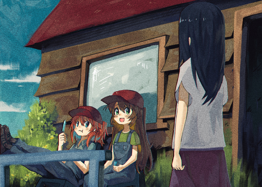 3girls absurdres baseball_cap black_hair blue_eyes blue_overalls blue_shirt brown_hair closed_mouth commission day green_eyes green_shirt hat highres ichijou_hotaru koshigaya_komari koshigaya_natsumi long_hair looking_at_another multiple_girls non_non_biyori nyztsune open_mouth outdoors overalls red_hair red_headwear red_skirt shirt short_hair short_ponytail short_sleeves sitting skirt the_simpsons white_shirt