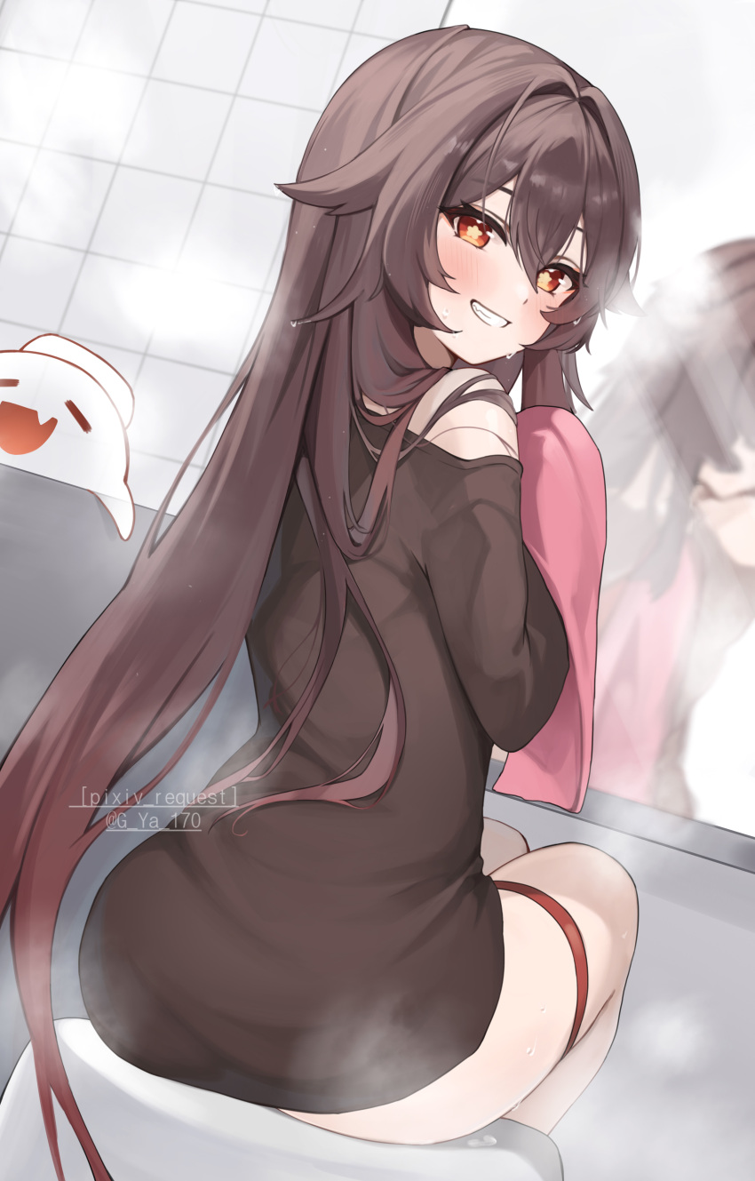 1girl absurdres ass bath_stool boo_tao_(genshin_impact) brown_hair brown_shirt commission flower-shaped_pupils from_behind genshin_impact grin gya_(144) highres holding holding_towel hu_tao_(genshin_impact) long_hair looking_back mirror pixiv_commission red_eyes shirt sitting smile solo_focus steam stool symbol-shaped_pupils thighs tile_wall tiles towel wet wet_hair
