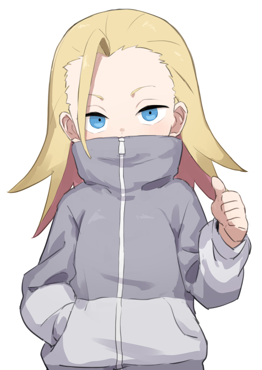 1girl absurdres ahoge blonde_hair blue_eyes do_it_yourself!! gazacy_(dai) highres jacket juliet_queen_elizabeth_viii long_hair simple_background thumbs_up white_background zipper_pull_tab