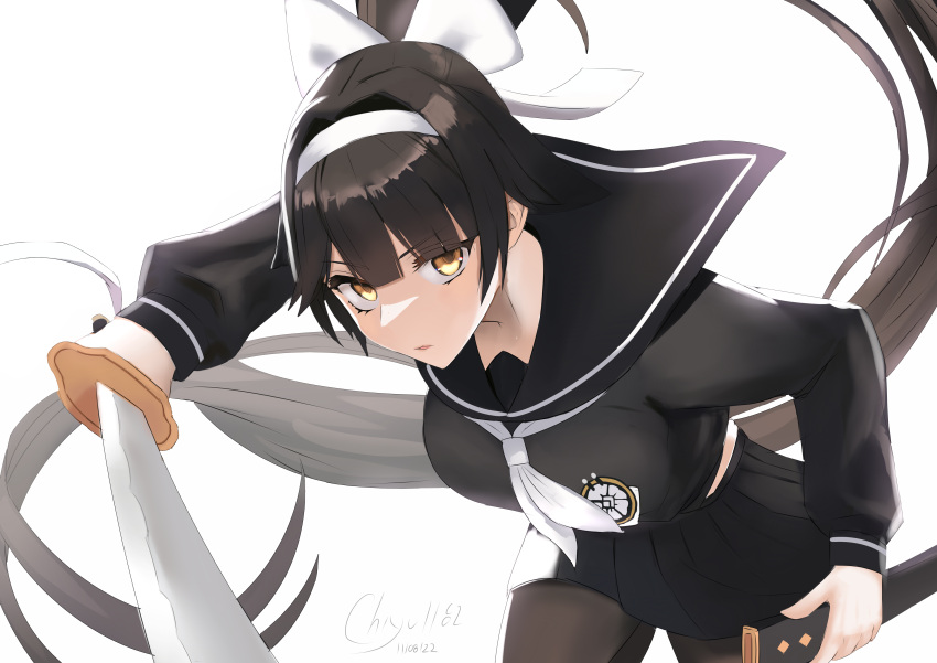 1girl 2022 absurdly_long_hair absurdres artist_name azur_lane black_hair black_pantyhose black_sailor_collar black_serafuku black_skirt breasts chiyu1182 cowboy_shot crop_top dated extra_ears hair_ears hairband highres holding holding_sheath holding_sword holding_weapon large_breasts leaning_forward long_hair midriff_peek miniskirt neckerchief official_alternate_costume pantyhose pleated_skirt ribbon sailor_collar school_uniform serafuku sheath simple_background skirt solo sword takao_(azur_lane) takao_(school_romanza)_(azur_lane) thighband_pantyhose very_long_hair weapon white_background white_hairband white_neckerchief white_ribbon yellow_eyes