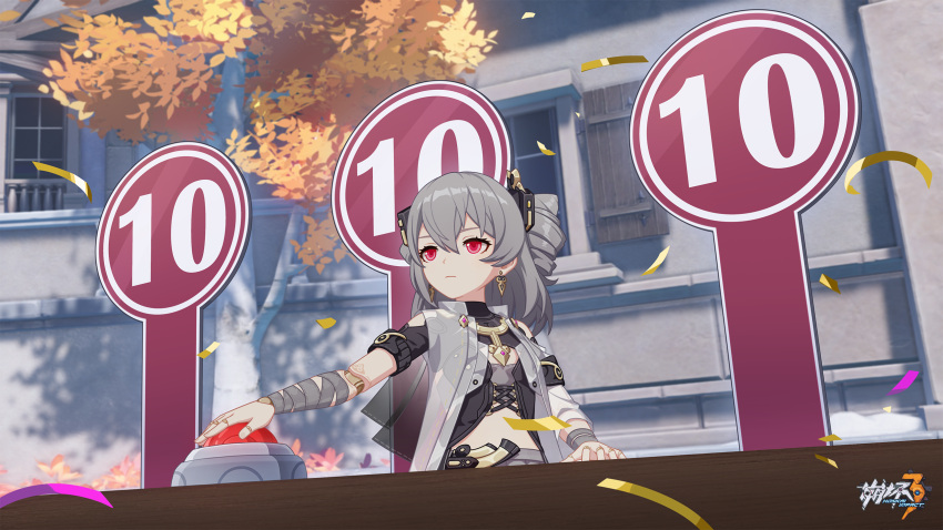 1girl breasts building closed_mouth confetti covered_navel earrings grey_hair hair_between_eyes hand_on_table highres honkai_(series) honkai_impact_3rd jacket jewelry logo medium_breasts midriff official_art official_wallpaper open_clothes open_jacket outdoors prometheus_(honkai_impact) red_button red_eyes small_breasts solo tree v-shaped_eyebrows window