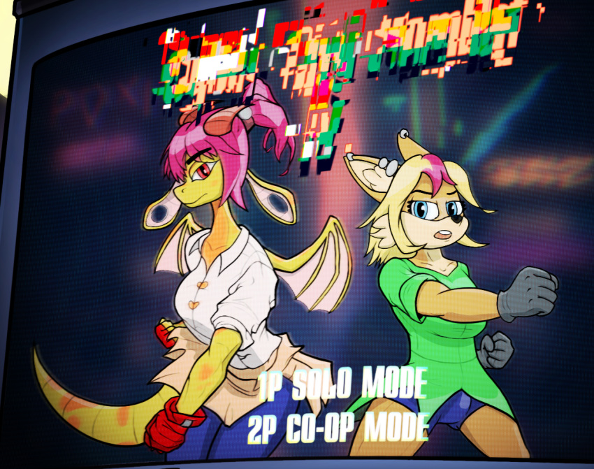 2023 alexis_(sleeps-darkly) anthro bandicoot blonde_hair blue_eyes breasts butt_from_the_front cheek_tuft clothed clothing countershade_torso countershading crt digital_media_(artwork) dragon duo ear_piercing english_text facial_tuft female fighting_pose fingerless_gloves flesh_tunnel fur gauged_ear gloves hair handwear horn looking_at_viewer mammal marsupial membrane_(anatomy) multicolored_hair piercing pink_hair pose red_hair sleeps-darkly_(artist) spats text topwear tuft two_tone_hair video_game_reference wings yellow_body zoe_(awr_hey)