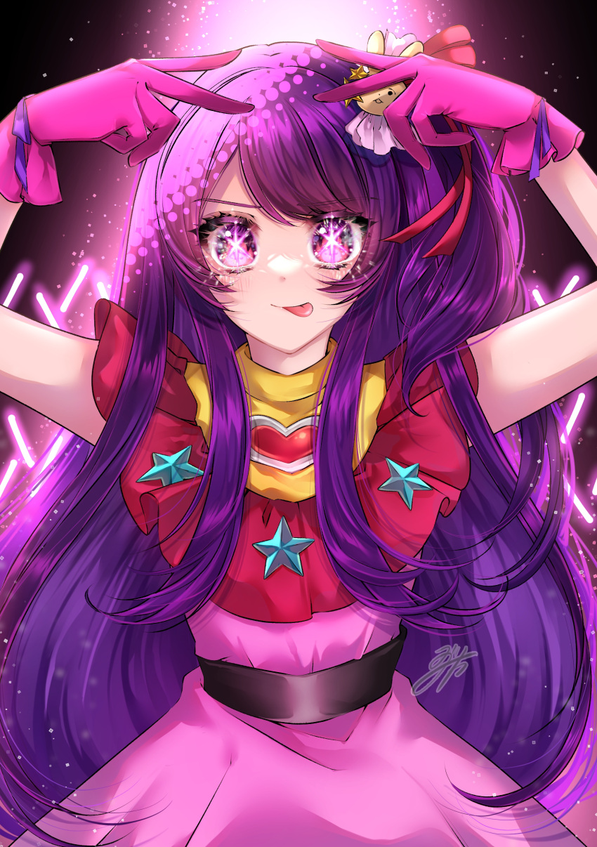 1girl absurdres arms_up belt closed_mouth commentary dress floating_hair gloves glowstick hair_ornament heart highres hoshino_ai's_pose hoshino_ai_(oshi_no_ko) light_particles long_hair looking_at_viewer oshi_no_ko penlight_(glowstick) pink_dress pink_gloves purple_eyes purple_hair rabbit_hair_ornament sidelocks sleeveless sleeveless_dress smile solo stage_lights star_(symbol) star_in_eye stippling_(texture) symbol_in_eye tongue tongue_out upper_body very_long_hair yuzuca_(trickster4594)