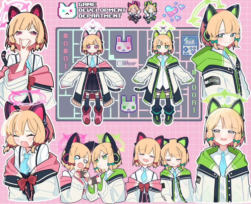 2girls animal_ear_headphones animal_ears asymmetrical_bangs black_dog_(ckdfhd) black_skirt blonde_hair blue_archive blue_necktie blush blush_stickers bow cat_ear_headphones character_name chibi closed_mouth dotted_line fake_animal_ears fake_tail game_boy green_bow green_eyes green_halo grid_background hair_bow halo handheld_game_console headphones highres holding holding_handheld_game_console hood hood_down hooded_jacket jacket long_sleeves low_tied_sidelocks midori_(blue_archive) momoi_(blue_archive) multicolored_clothes multicolored_jacket multiple_girls multiple_views necktie off_shoulder open_mouth pink_eyes pink_halo pixel_heart pixelated pleated_skirt puffy_long_sleeves puffy_sleeves red_bow shirt short_hair short_necktie siblings sisters skirt tail teardrop twins w white_jacket white_shirt