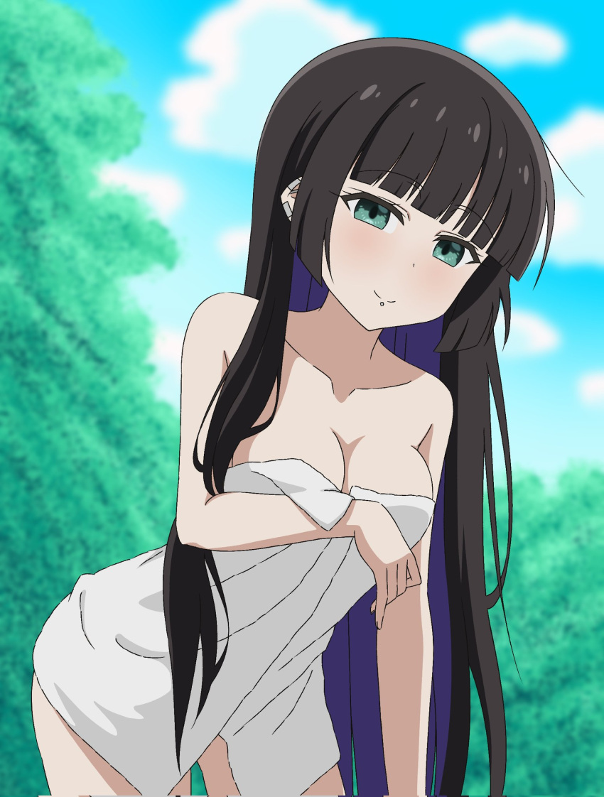 1girl aqua_eyes bare_shoulders black_hair blurry blurry_background bocchi_the_rock! breasts chin_piercing cleavage colored_inner_hair ear_piercing highres hime_cut large_breasts long_hair looking_at_viewer multicolored_hair naked_towel outdoors pa-san piercing purple_hair smile solo thundradrawings towel two-tone_hair very_long_hair white_towel