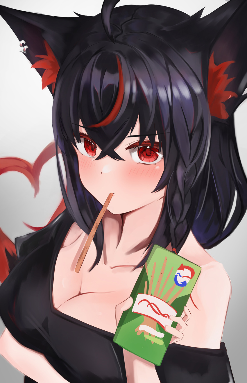1girl absurdres ahoge animal_ear_fluff animal_ears black_hair black_shirt blush braid breast_rest breasts cleavage commentary_request earrings expressive_tail food_in_mouth fox_ears fox_girl fox_tail hair_between_eyes heart heart_tail highres hololive jewelry kurokami_fubuki long_hair looking_at_viewer medium_breasts pocky_day pocky_in_mouth red_eyes red_hair shirt sidelocks single_braid siyara_amau solo tail virtual_youtuber
