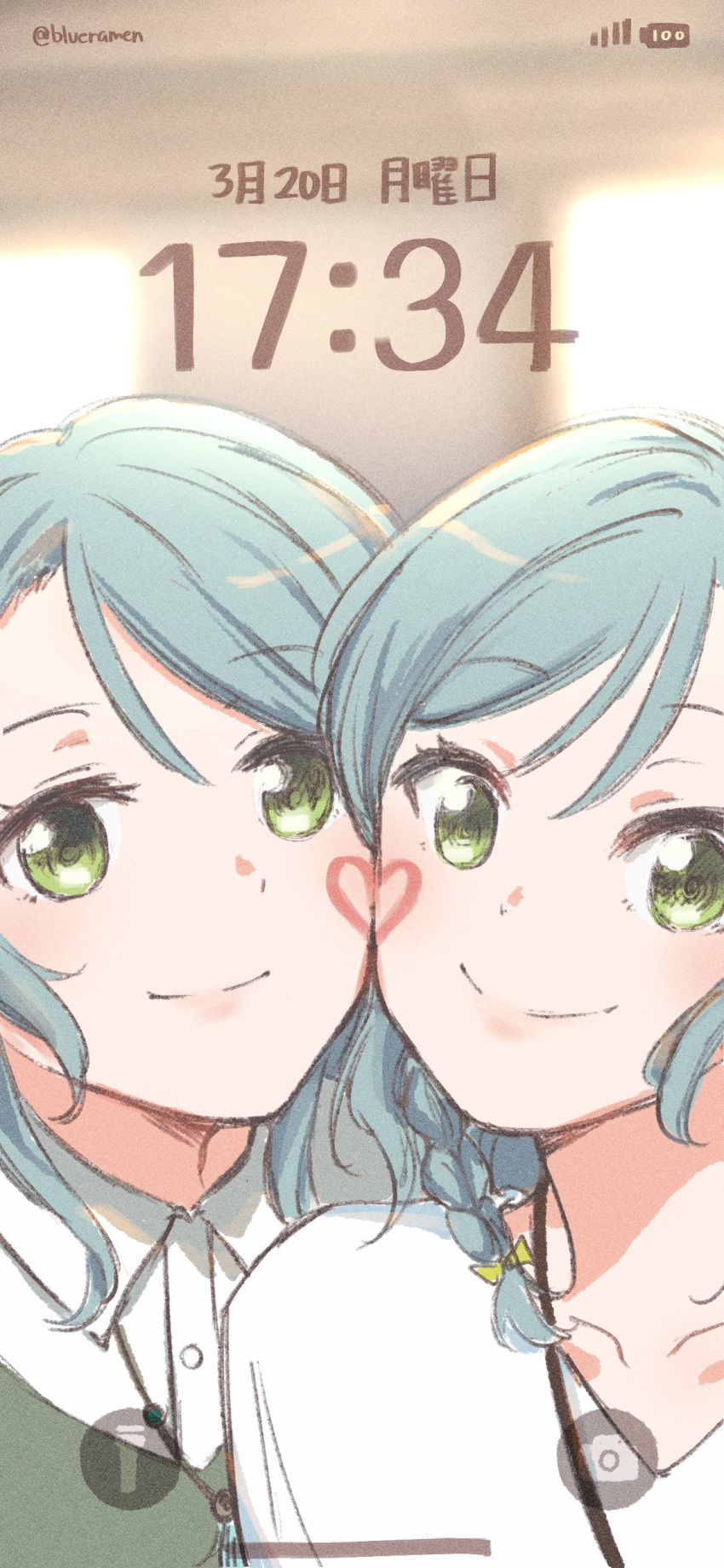 2girls absurdres aqua_hair bang_dream! bow braid fake_phone_screenshot fake_screenshot green_eyes hair_bow heads_together heart highres hikawa_hina hikawa_sayo incest jewelry looking_at_viewer medium_hair multiple_girls necklace selfie shirt siblings signature sisters smile timestamp twin_braids twincest twins user_interface white_shirt xin_(blueramen) yuri