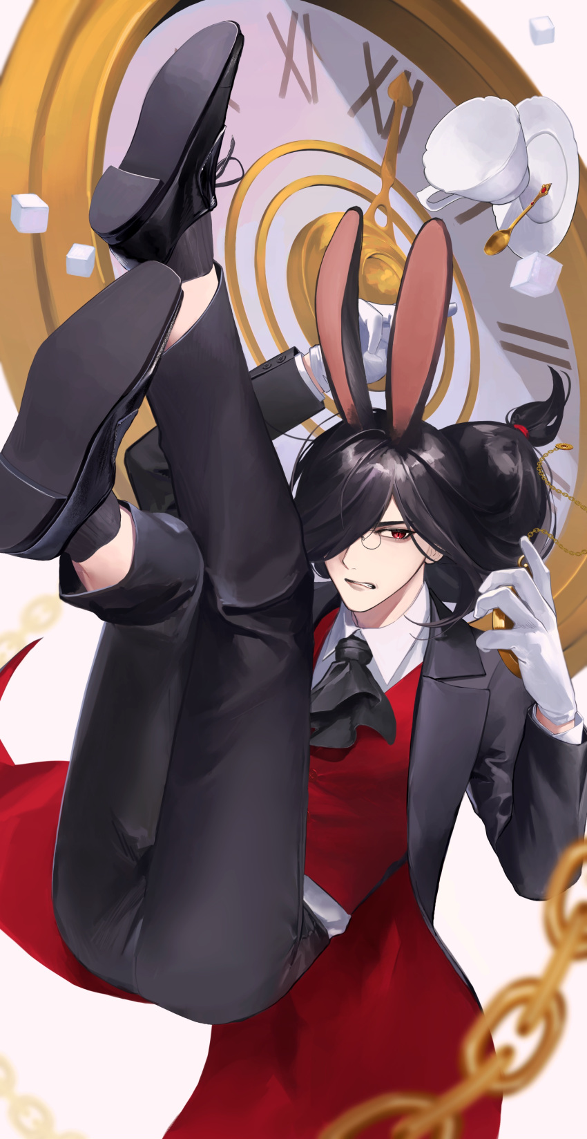 1boy absurdres animal_ears arm_up ascot ass bad_proportions black_ascot black_hair black_pants black_socks blurry blurry_foreground chain clock cup fafnir_(maidragon) full_body glasses gloves hair_over_one_eye highres holding holding_pocket_watch kobayashi-san_chi_no_maidragon long_hair low-tied_long_hair male_focus omizu_03 pants pocket_watch rabbit_ears red_eyes red_vest socks solo spoon sugar_cube suit teacup vest watch white_gloves