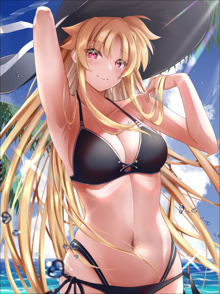 1girl arm_up armpits bare_arms bikini black_bikini black_headwear black_ribbon blonde_hair blue_background breasts cleavage closed_mouth collarbone fate_testarossa floating_hair groin halterneck hand_in_own_hair hat highres large_breasts long_hair looking_at_viewer lyrical_nanoha mahou_shoujo_lyrical_nanoha_strikers multi-strapped_bikini_bottom navel red_eyes ribbon side-tie_bikini_bottom sideboob smile solo sougetsu_izuki standing sun_hat swimsuit very_long_hair