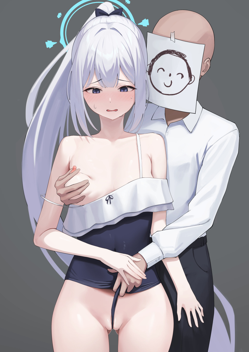 1boy 1girl absurdres afe. arona's_sensei_doodle_(blue_archive) black_one-piece_swimsuit black_panties blue_archive blue_halo blush breasts collared_shirt covered_navel frilled_one-piece_swimsuit frills grabbing grabbing_another's_breast grabbing_from_behind grey_background grey_hair halo highres long_hair long_sleeves miyako_(blue_archive) miyako_(swimsuit)_(blue_archive) nipples off-shoulder_one-piece_swimsuit off_shoulder official_alternate_costume one-piece_swimsuit open_mouth panties ponytail purple_eyes pussy sensei_(blue_archive) shirt simple_background small_breasts swimsuit underwear white_shirt