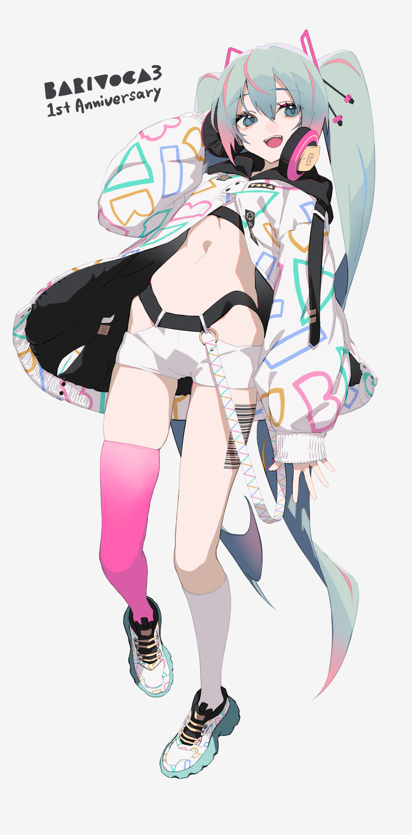 1girl :d absurdres alternate_costume anniversary aqua_hair asymmetrical_legwear barcode belt breasts crop_top english_text fang full_body gradient_hair gradient_legwear hair_between_eyes hair_ornament hand_on_headphones hand_up hatsune_miku headphones headphones_around_neck highleg highres hood hood_down hooded_jacket jacket kneehighs long_hair long_sleeves midriff multicolored_footwear multicolored_hair navel open_clothes open_jacket open_mouth pink_hair pink_thighhighs puffy_long_sleeves puffy_sleeves rsk_(tbhono) shoes short_shorts shorts sidelocks simple_background single_kneehigh single_sock single_thighhigh skindentation sleeves_past_wrists small_breasts smile sneakers socks solo standing standing_on_one_leg stomach strapless tattoo teeth thighhighs tube_top twintails uneven_legwear upper_teeth_only very_long_hair vocaloid white_background white_footwear white_jacket white_shorts white_socks