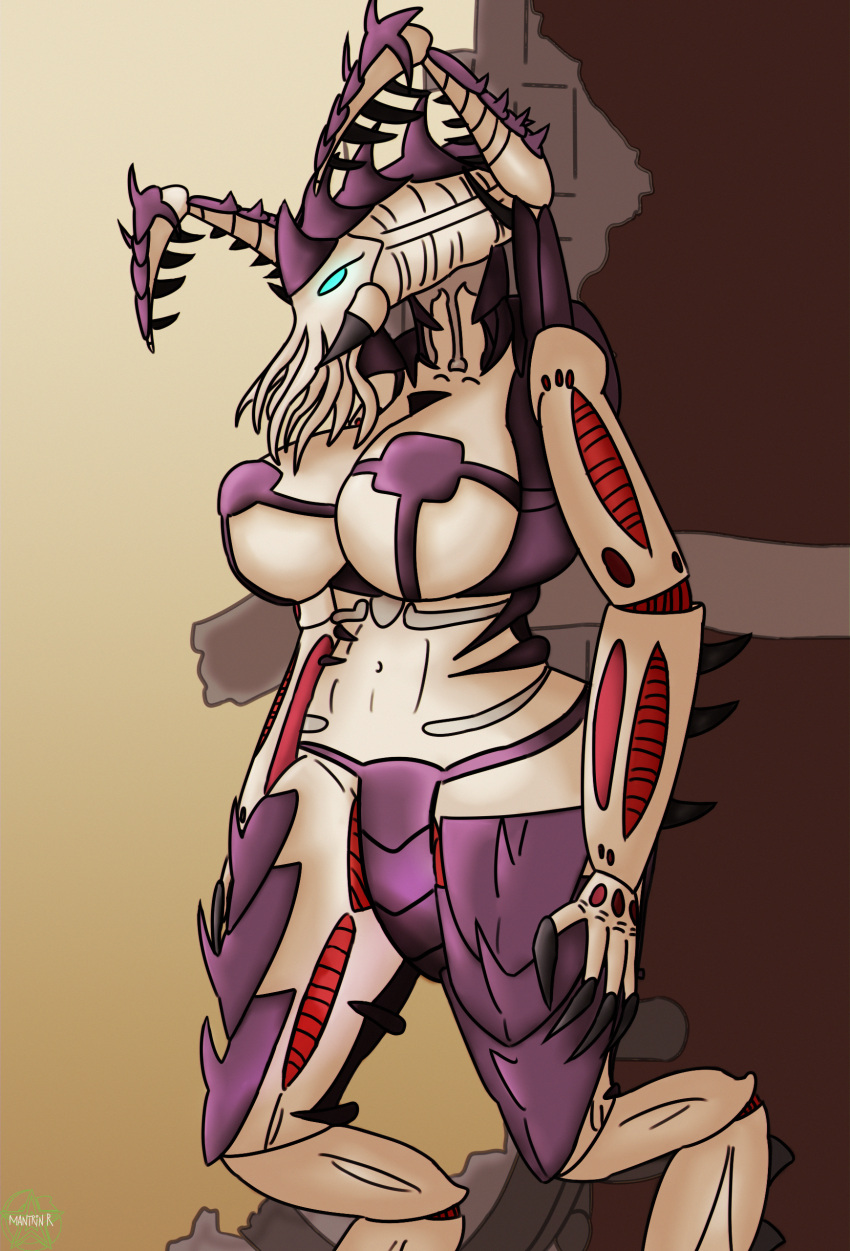 absurd_res alien alien_humanoid armor big_breasts blue_eyes breasts claws exoskeleton gynomorph hi_res humanoid intersex lictor_(tyranid) mantrinrus purple_armor purple_body ruins solo tentacles tentacles_in_mouth tyranid warhammer_(franchise) warhammer_40000 wide_torso