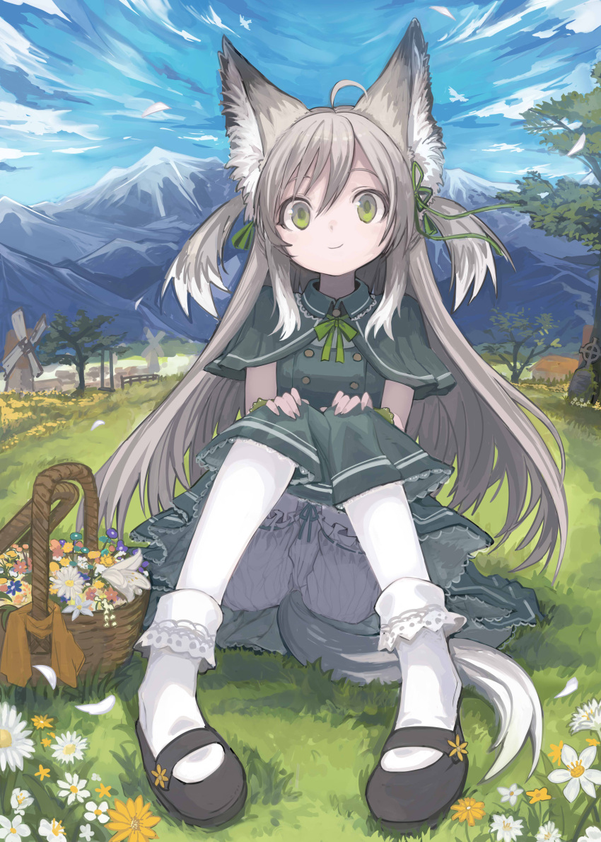 1girl absurdres ahoge animal_ear_fluff animal_ears black_footwear bloomers blue_sky buttons capelet closed_mouth cloud daisy day double-breasted dress field flower foreshortening fox_ears fox_girl fox_tail frilled_dress frills full_body grass green_capelet green_dress green_ribbon hair_between_eyes hair_ribbon hands_on_own_knees highres izayoi_cha knees_together_feet_apart knees_up landscape long_hair looking_at_viewer mountain nature neck_ribbon original outdoors pantyhose raised_eyebrows ribbon shoes sidelocks sitting sky smile socks solo tail tree two_side_up underwear variant_set white_bloomers white_flower white_pantyhose white_socks wicker_basket windmill