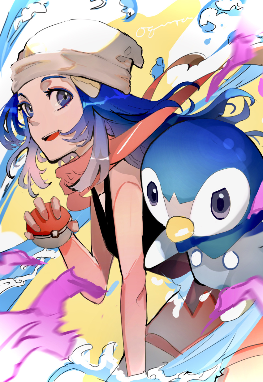 1girl absurdres beanie black_shirt blue_hair commentary_request dawn_(pokemon) grey_eyes hat highres holding holding_poke_ball long_hair looking_at_viewer ogura_aoi open_mouth orange_scarf piplup poke_ball pokemon pokemon_(game) pokemon_bdsp pokemon_dppt scarf shirt sleeveless sleeveless_shirt smile solo teeth tongue upper_teeth_only white_headwear